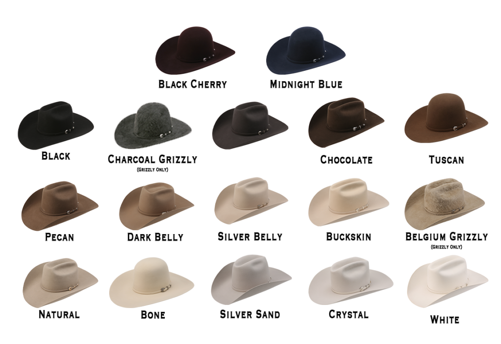 hat shapes american hat company black cherry midnight blue black charcoal grizzly steel chocolate tuscan pecan dark belly silver belly buckskin Belgium belly Belgium grizzly natural bone silver sand crystal white