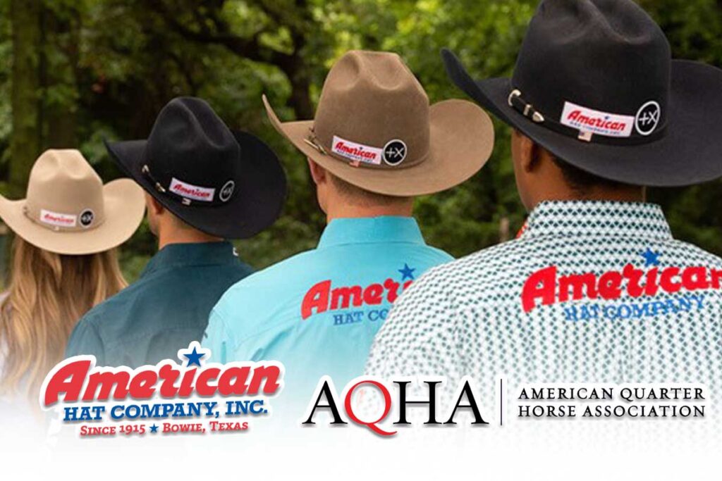 Photo of 4 professional rodeo athletes with cowboy hats on with American Hat and AQHA logos overlaying. 